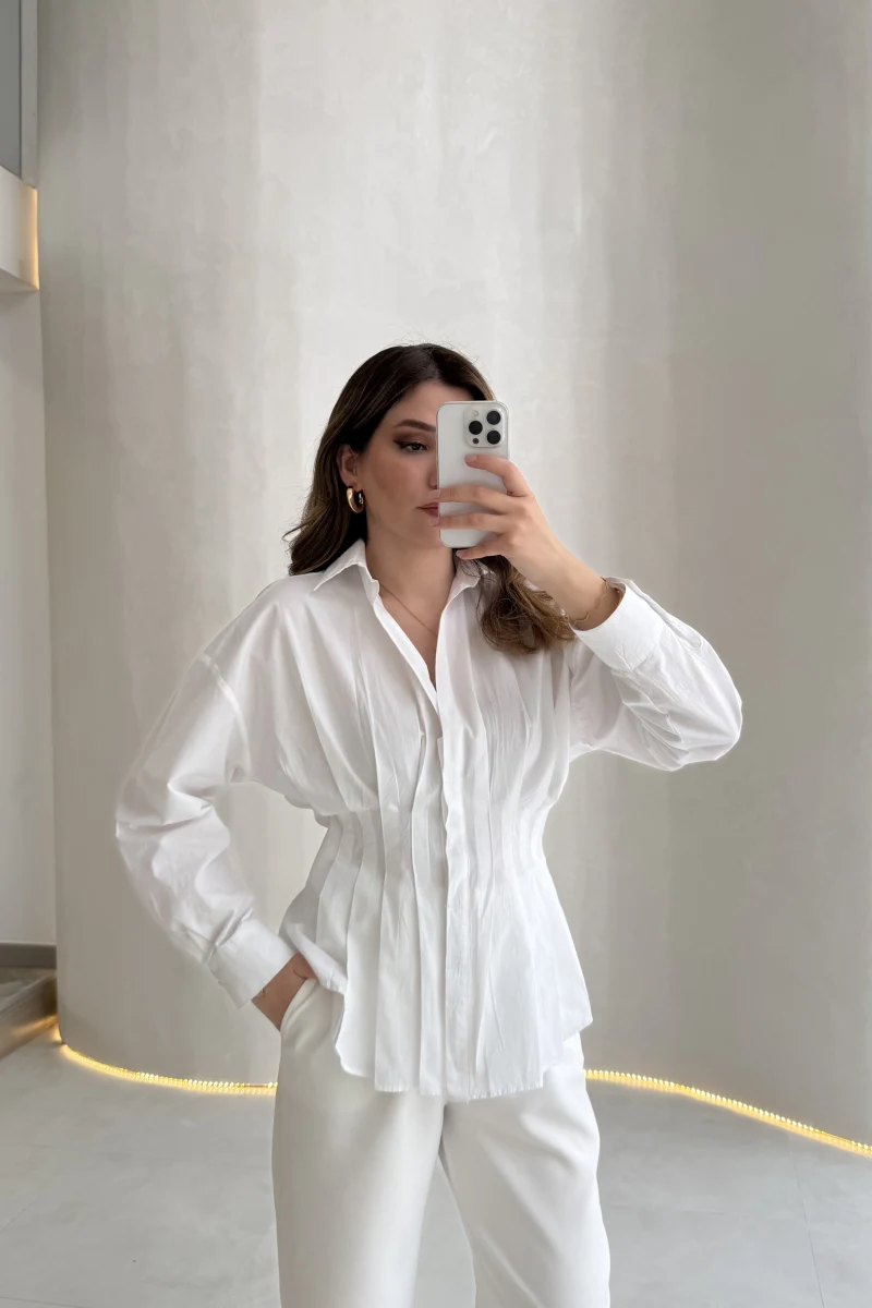 Adira V Yaka Beli Pileli Gömlek - Beyaz - Kod: 126