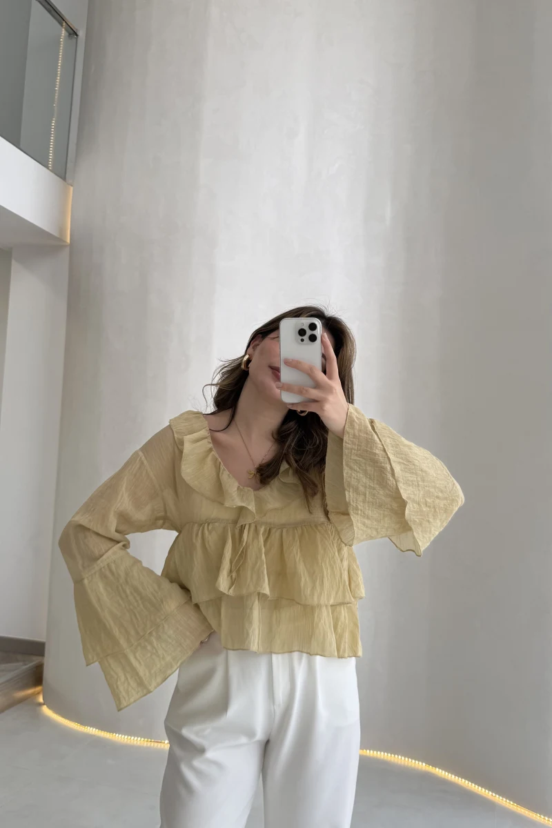 Liry Fırfırlı V Yaka Transparan Bluz - Yeşil - Kod: 1060