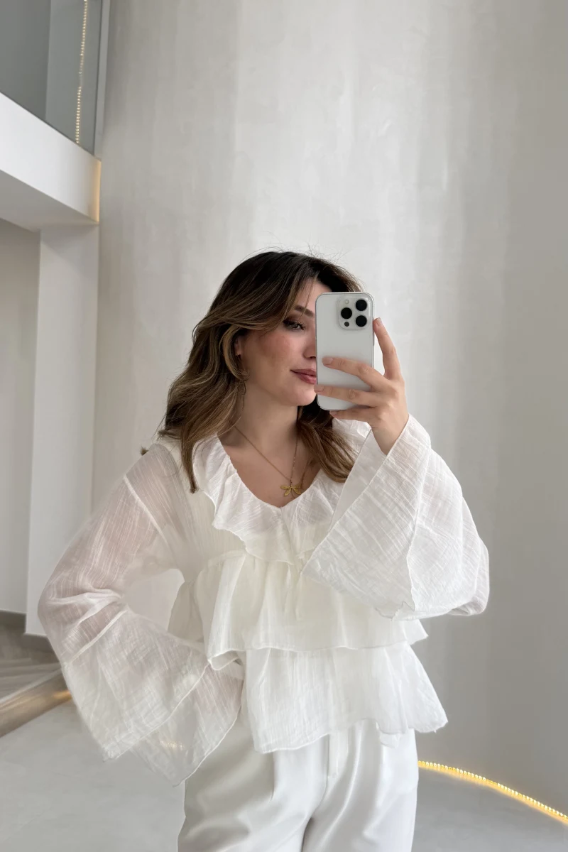 Liry Fırfırlı V Yaka Transparan Bluz - Beyaz - Kod: 1060