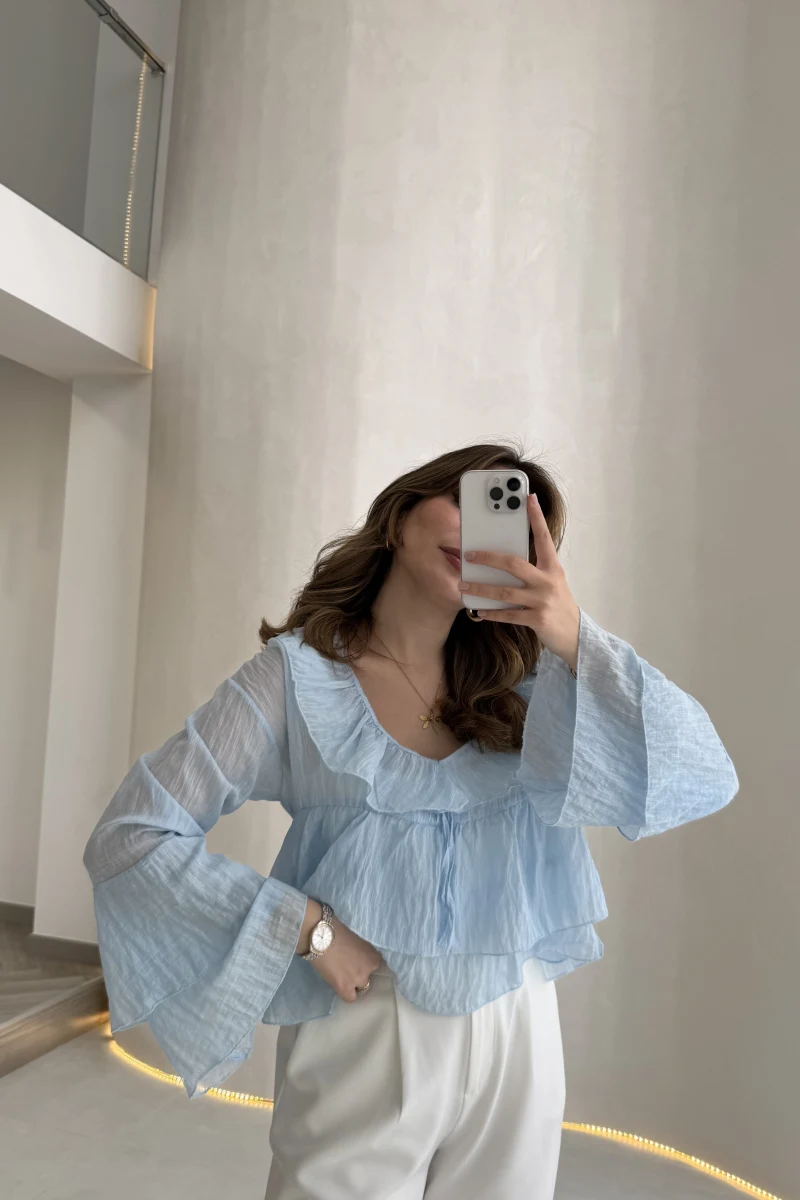 Liry Fırfırlı V Yaka Transparan Bluz - Mavi - Kod: 1060