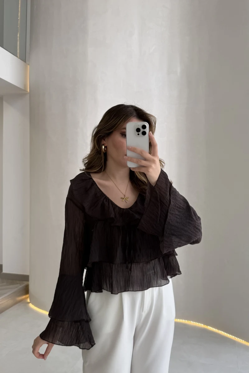 Liry Fırfırlı V Yaka Transparan Bluz - Kahverengi - Kod: 1060