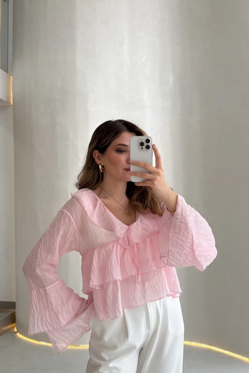 Liry Fırfırlı V Yaka Transparan Bluz - Pembe - Kod: 1060