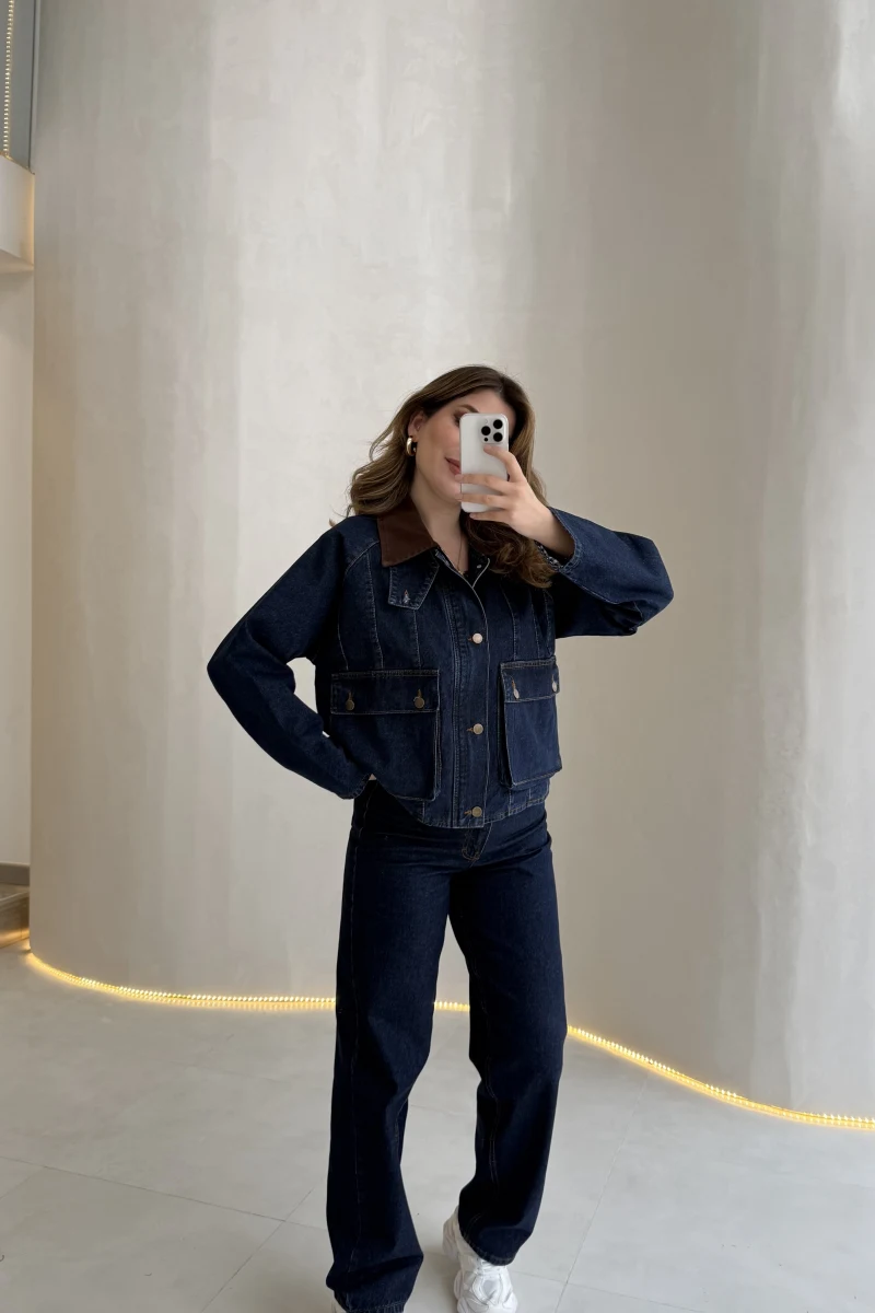 Kahverengi Yaka Kol Detaylı Ekose Astarlı Denim Takım - Lacivert - Kod: 250193