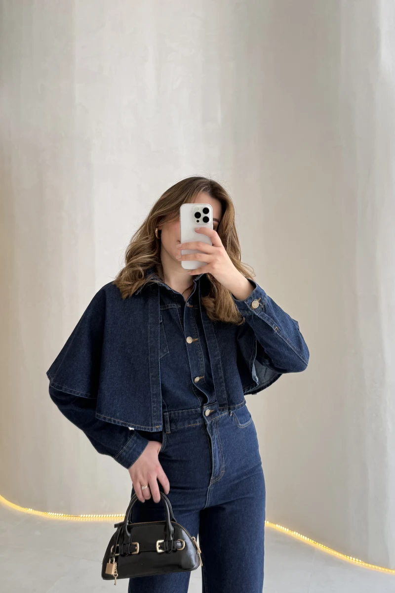 Panço Detaylı Kuşaklı Denim Tulum - Lacivert - Kod: 260106