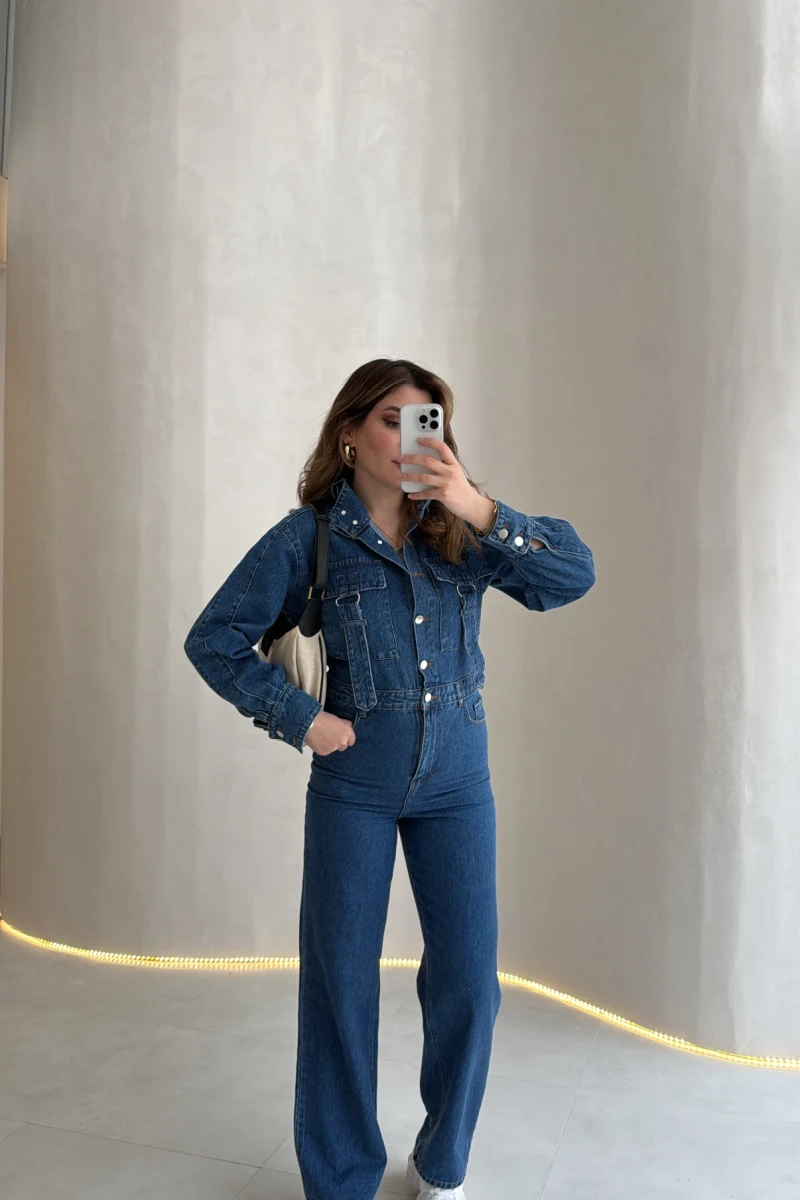 Kargo Cep Detaylı Boğazı Kuşaklı Denim Tulum - Mavi - Kod: 260107