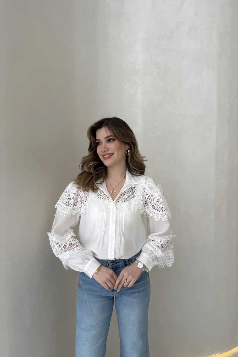 Sora Dantel Detay Balon Kol Gömlek - Beyaz - Kod: 39378