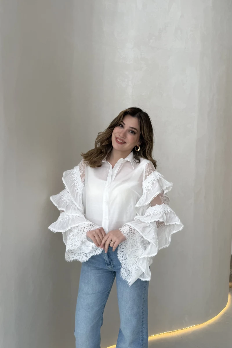 Fırfırlı Dantel Detay Gömlek - Beyaz - Kod: 39368