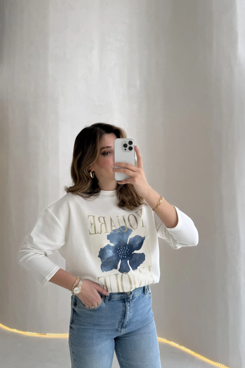 Bisiklet Yaka Baskılı Sweatshırt - Beyaz - Kod: 01816