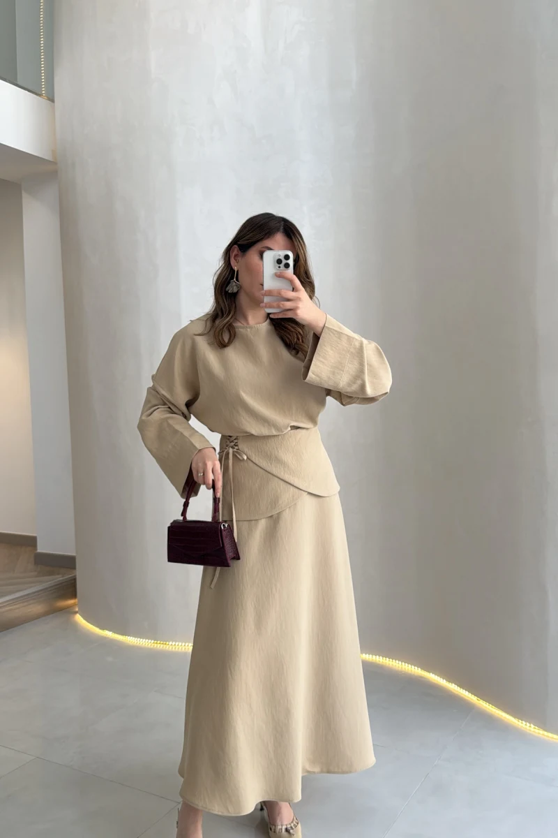 La Fortuna Bel Detay Bağcıklı Takım - Vizon - Kod: 9034