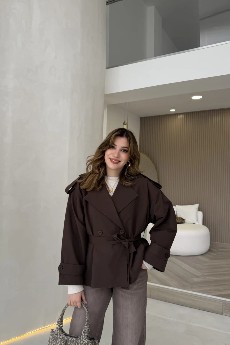 Anastasia Vatkalı Kuşaklı Kısa Trençkot - Kahve - Kod: 9609