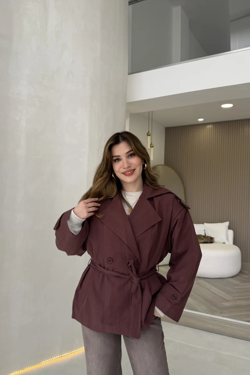 Anastasia Vatkalı Kuşaklı Kısa Trençkot - Bordo - Kod: 9609