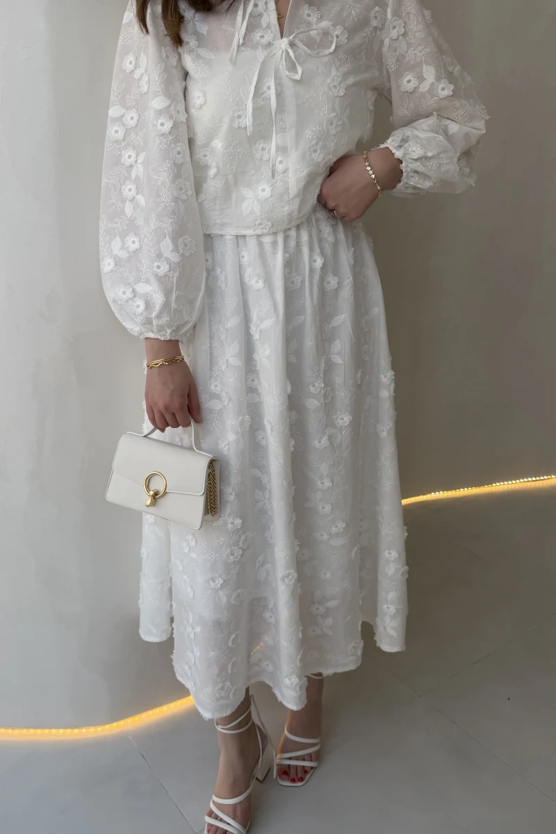 Mona Çiçek Dokulu Etek-Buz Takım - Ekru - Kod: 6046