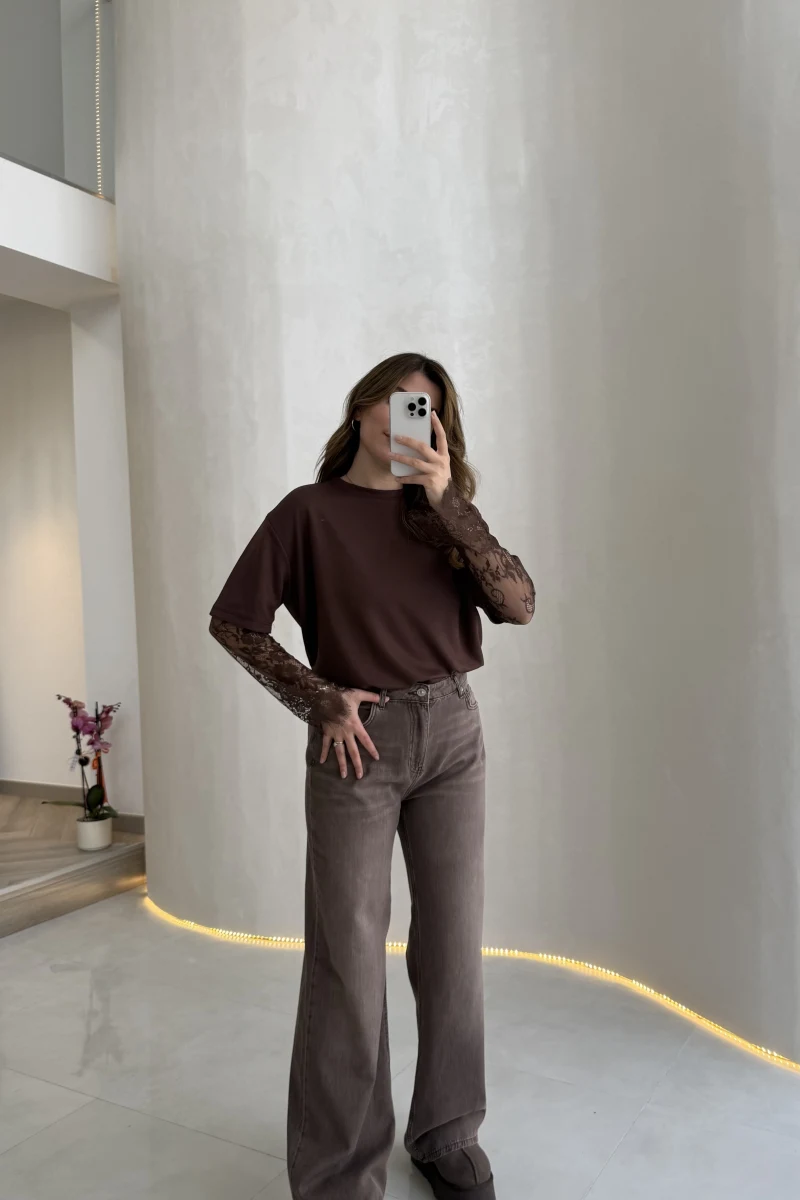 Dilvin Yüksek Bel Dökümlü Denim Pantolon - Açık Kahve