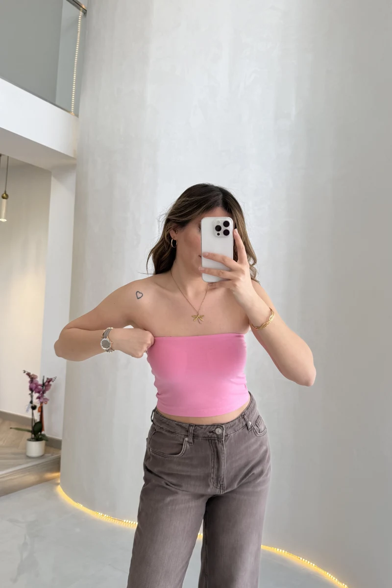 Straplez Crop Pedli Body - Pembe - Kod: 23369