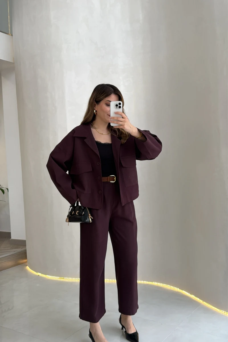 Cepli Kemerli Oversize Ceket-Pantolon Takım - Mürdüm - Kod: 9025