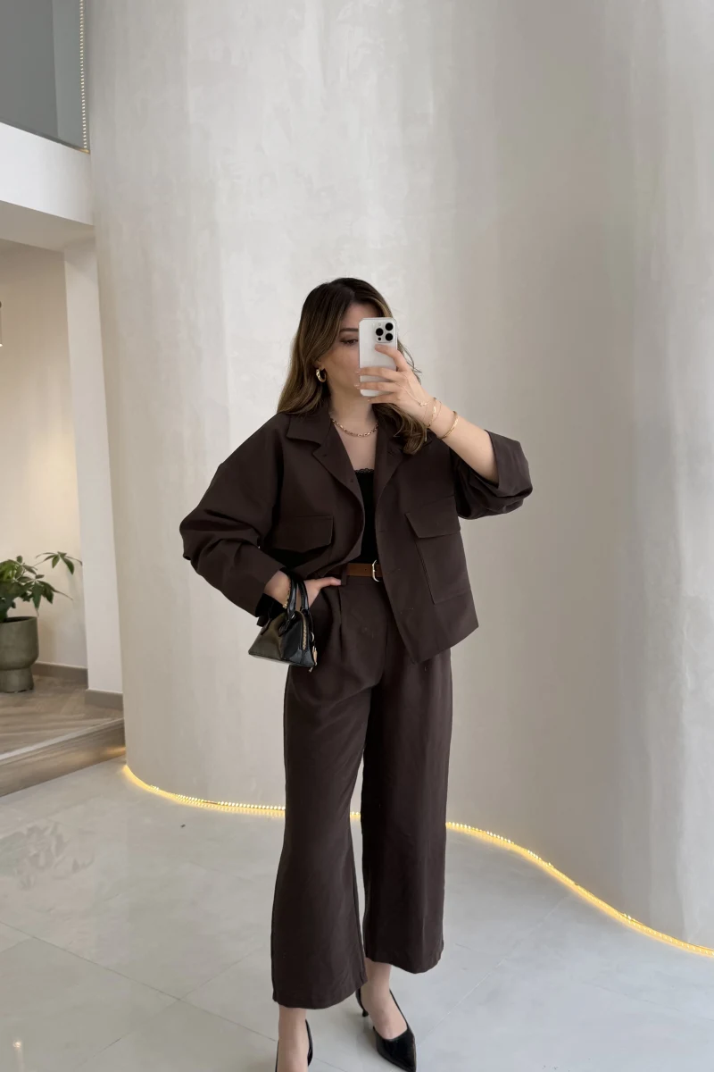 Cepli Kemerli Oversize Ceket-Pantolon Takım - Kahve - Kod: 9025