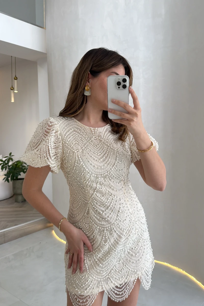 Lacho Dantelli İnci Elbise - Ekru - Kod: 39528