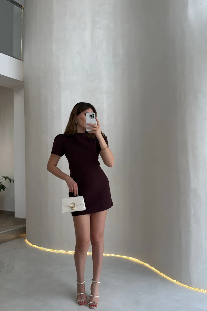 Amore Balon Kol Mini Elbise - Bordo - Kod: 041