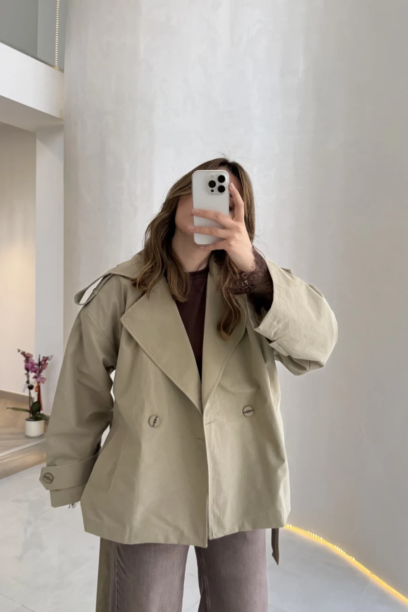 Anastasia Vatkalı Kuşaklı Kısa Trençkot - Haki - Kod: 9609