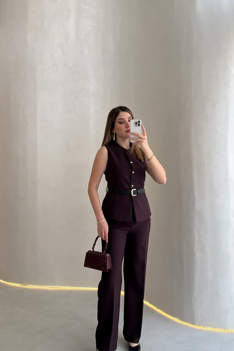 Moon Kemerli İspanyol Kesim Yelek Pantolon Takım - Mürdüm - Kod: 8891