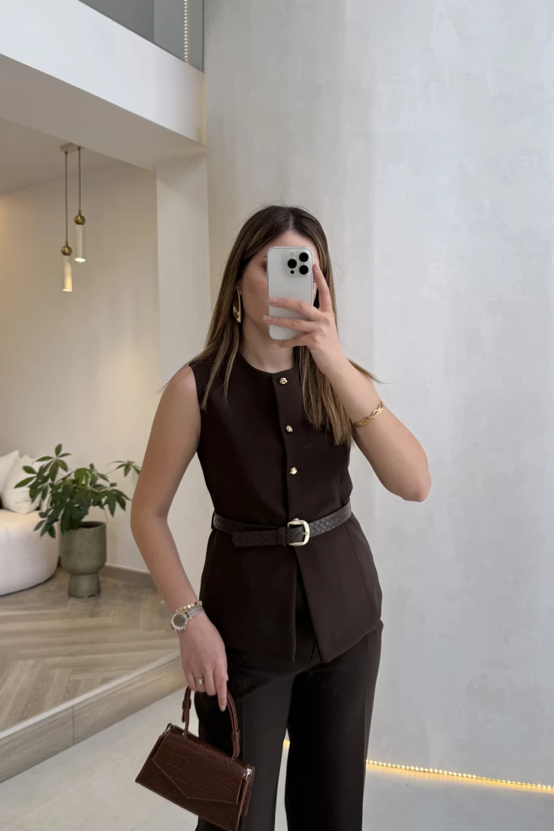 Moon Kemerli İspanyol Kesim Yelek Pantolon Takım - Kahve - Kod: 8891