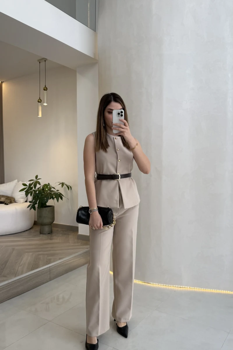 Moon Kemerli İspanyol Kesim Yelek Pantolon Takım - Taş - Kod: 8891