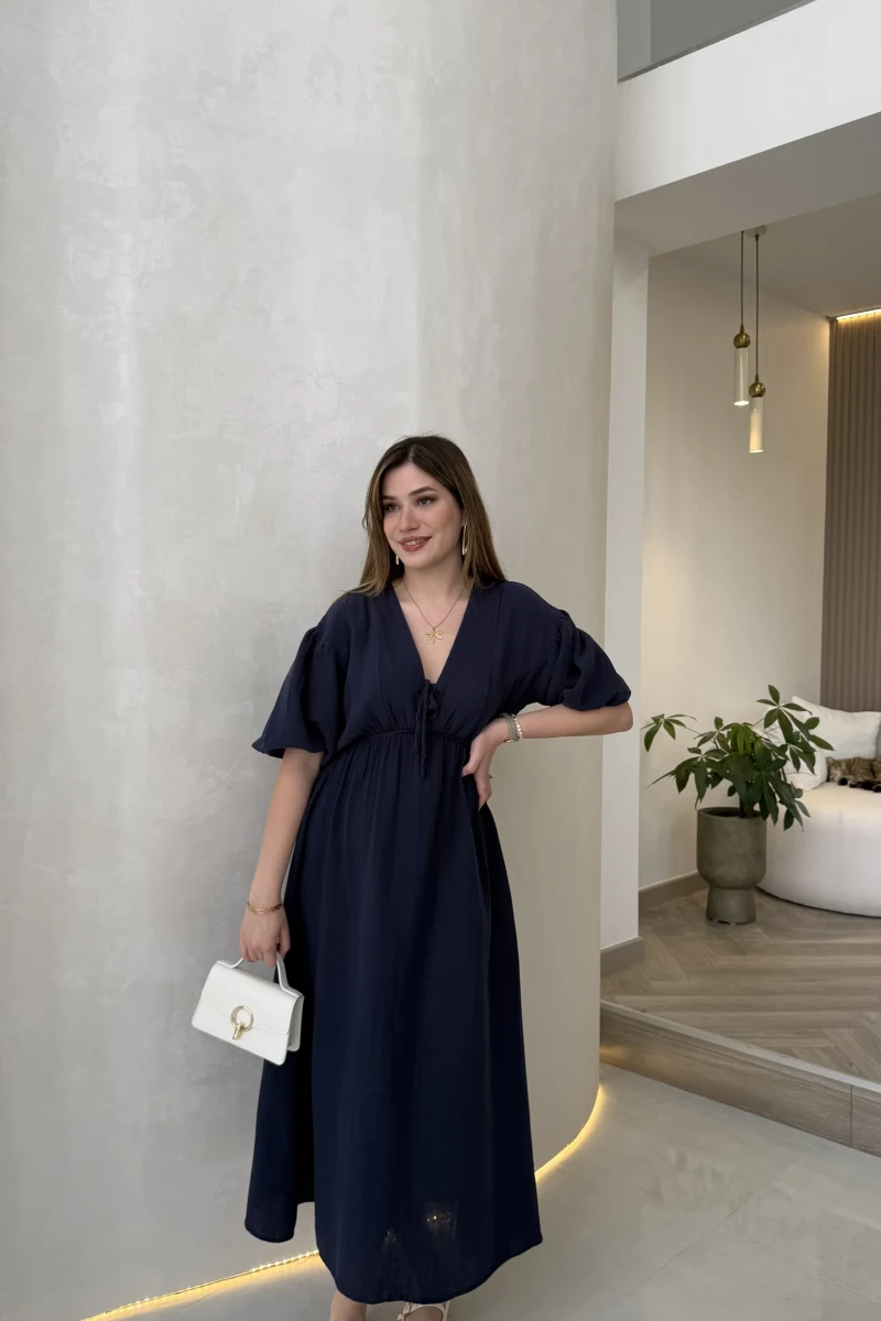 Becca Müslin Kumaş Elbise - Lacivert - Kod: 3008