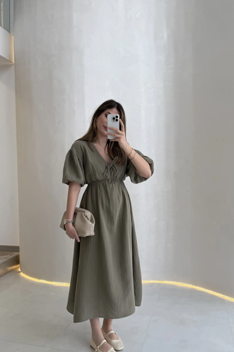 Becca Müslin Kumaş Elbise - Haki - Kod: 3008