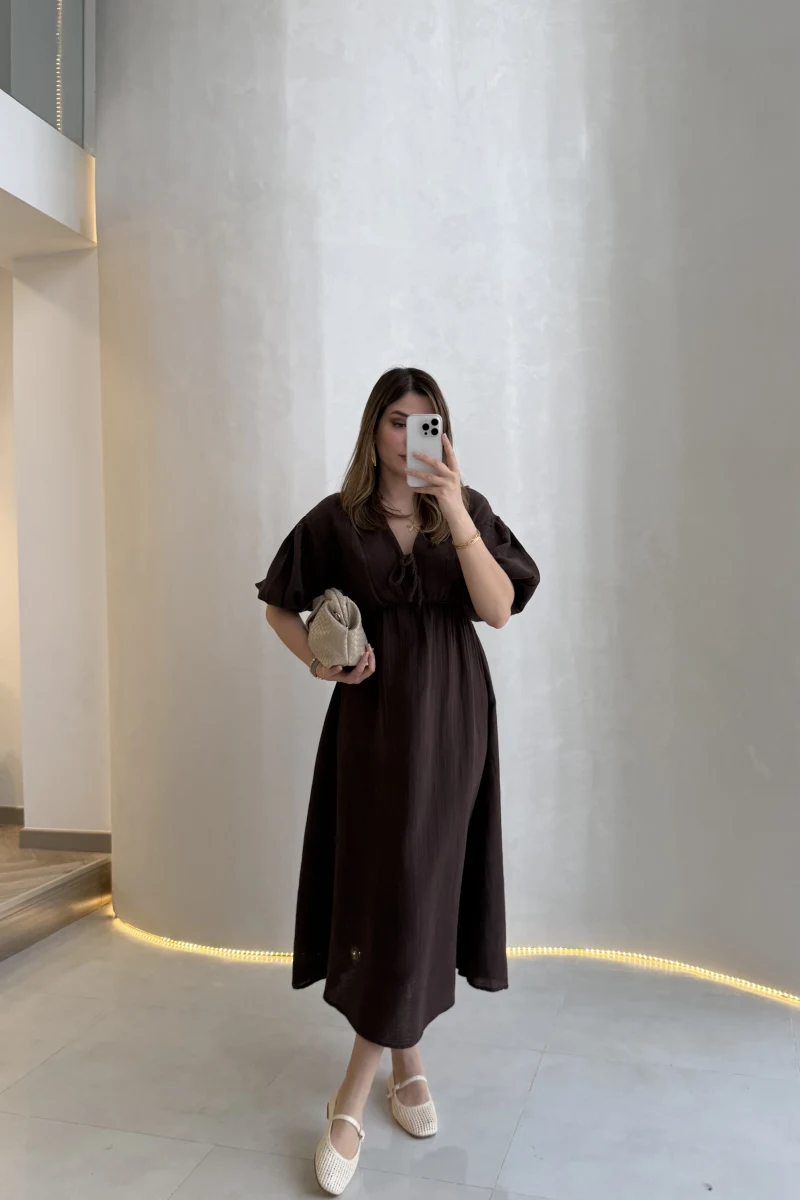 Becca Müslin Kumaş Elbise - Acı Kahve - Kod: 3008