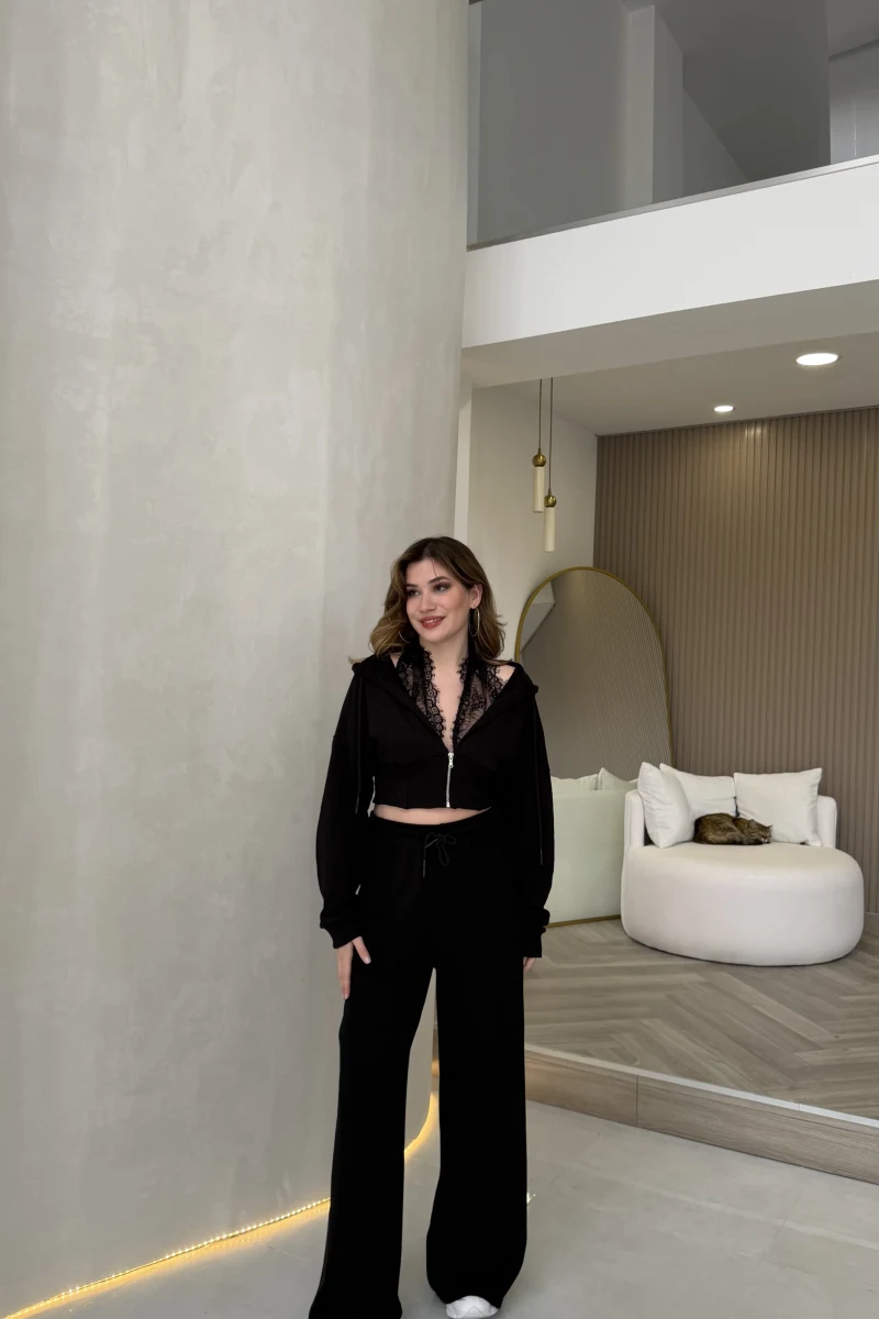 Herra Dantel Detay Kapüşonlu Crop Eşofman Takım - Siyah