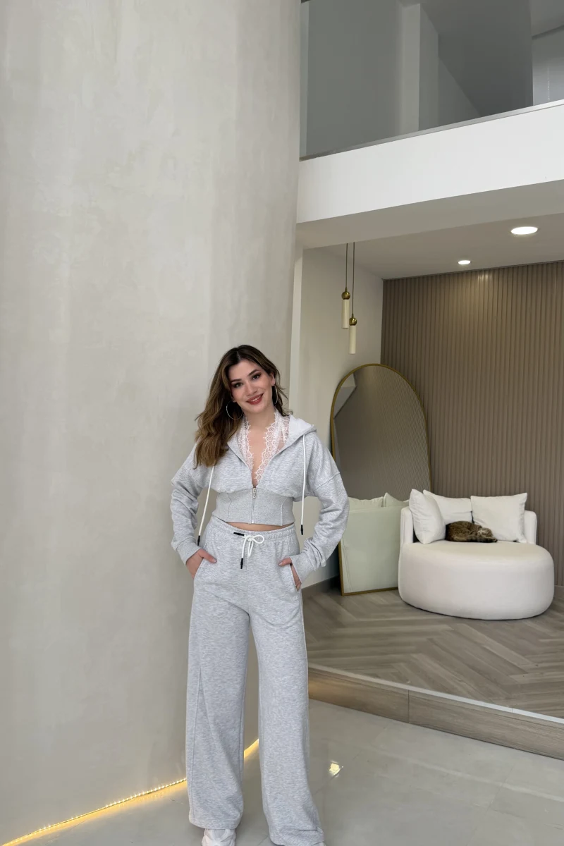 Herra Dantel Detay Kapüşonlu Crop Eşofman Takım - Gri
