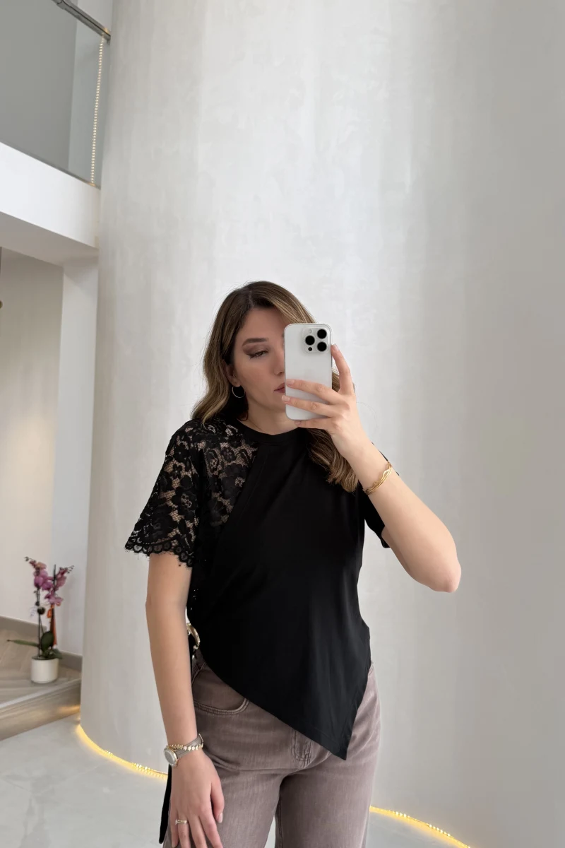 Asimetrik Kesim Dantel Detaylı Kemerli Bluz - Siyah - Kod: 2964