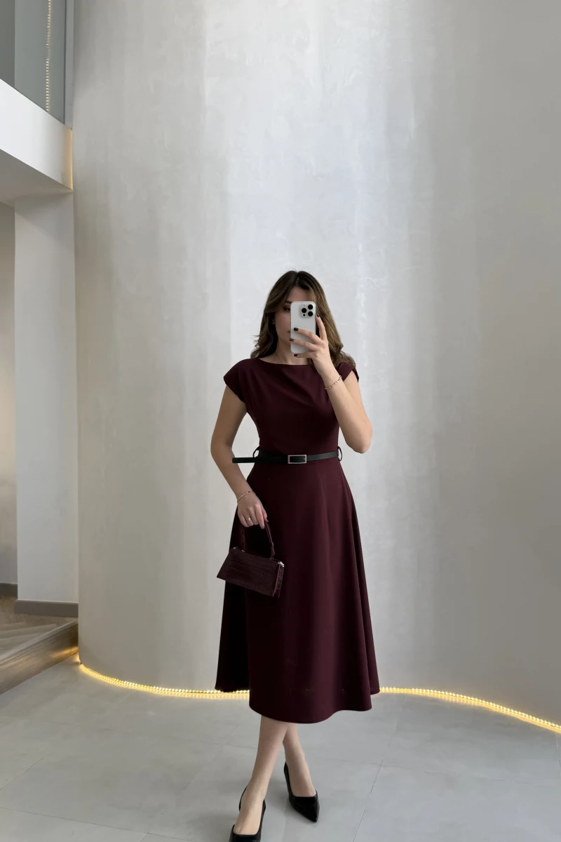 Bonita Vatkalı Midi Boy Kemerli Elbise - Bordo