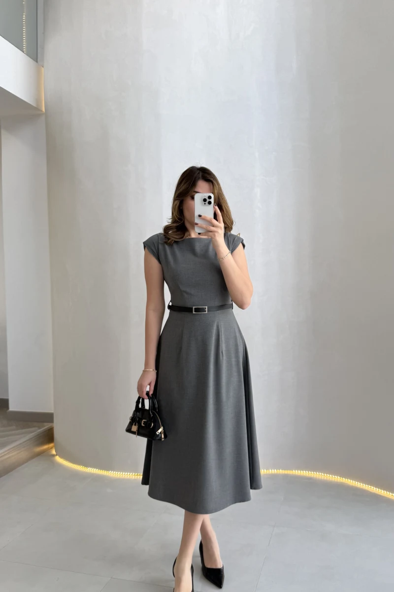 Bonita Vatkalı Midi Boy Kemerli Elbise - Antrasit