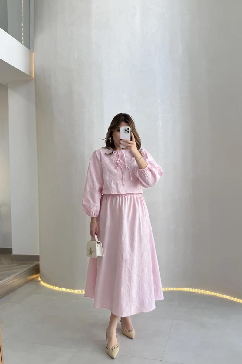 Brera Balon Kol Dokulu Etek Bluz Takım - Pembe - Kod: 6045