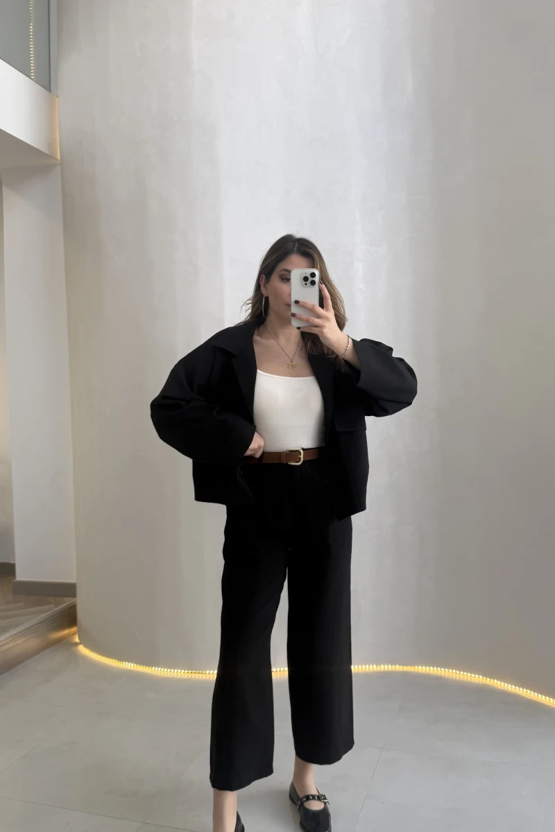 Cepli Kemerli Oversize Ceket-Pantolon Takım - Siyah - Kod: 9025