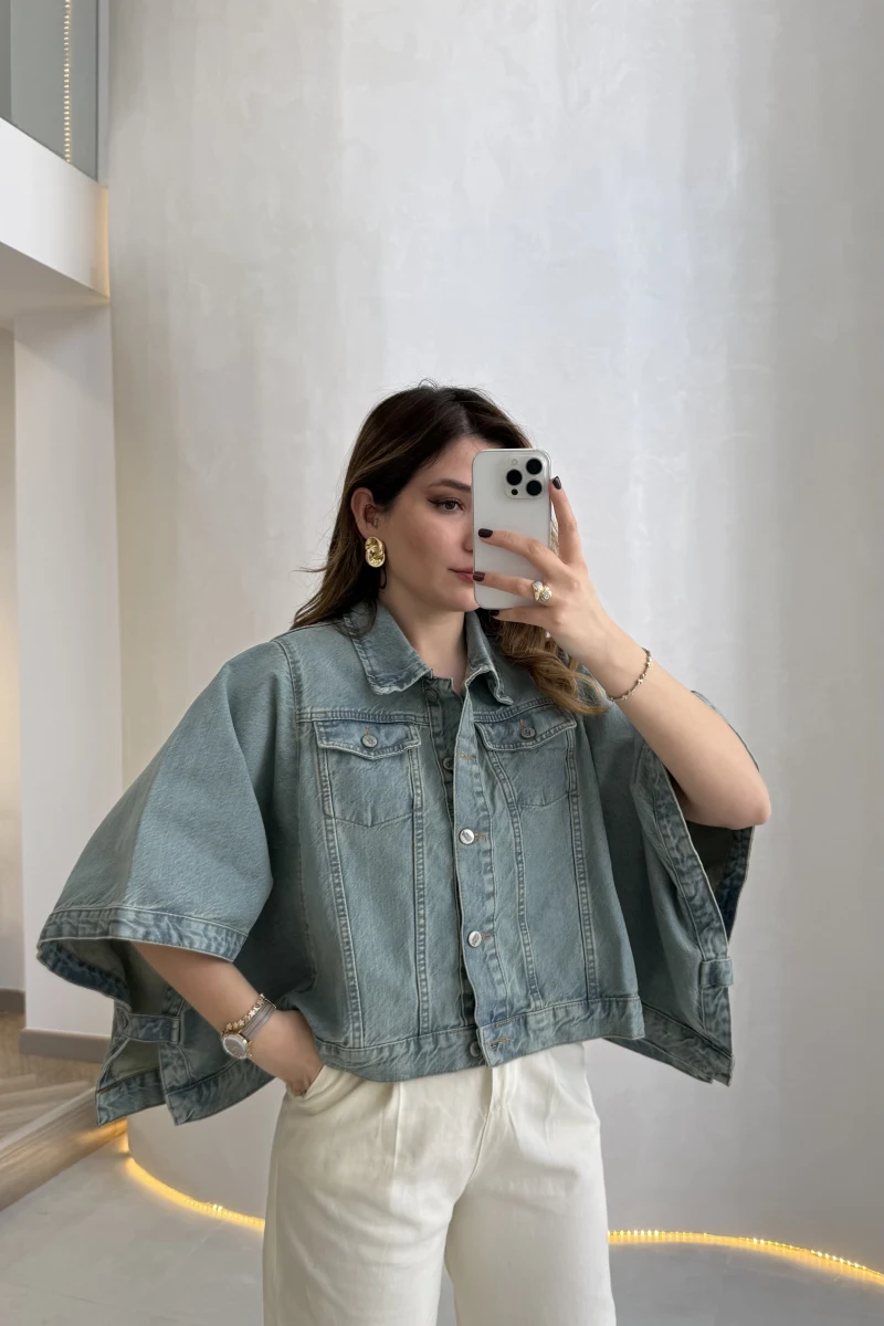 Denim Panço Ceket - Mavi - Kod: 3163