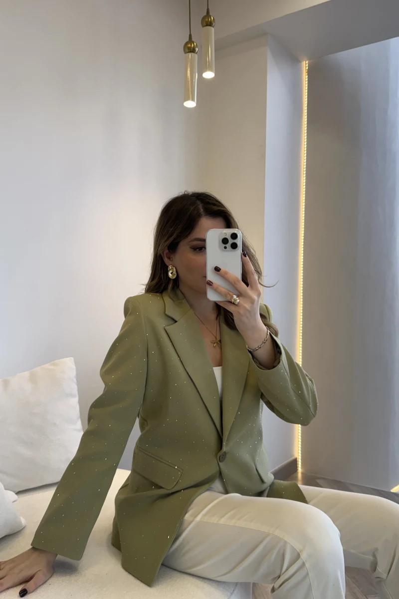 Taşlı Vatkalı Blazer Ceket - Haki - Kod: 98044