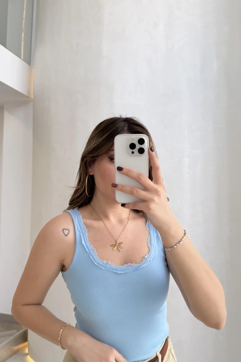 Fitilli Dantel Detay Kalın Askılı Body - Mavi