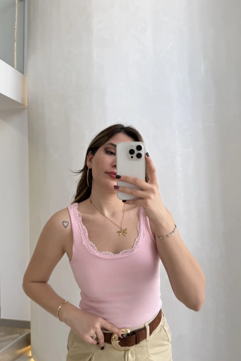 Fitilli Dantel Detay Kalın Askılı Body - Pembe