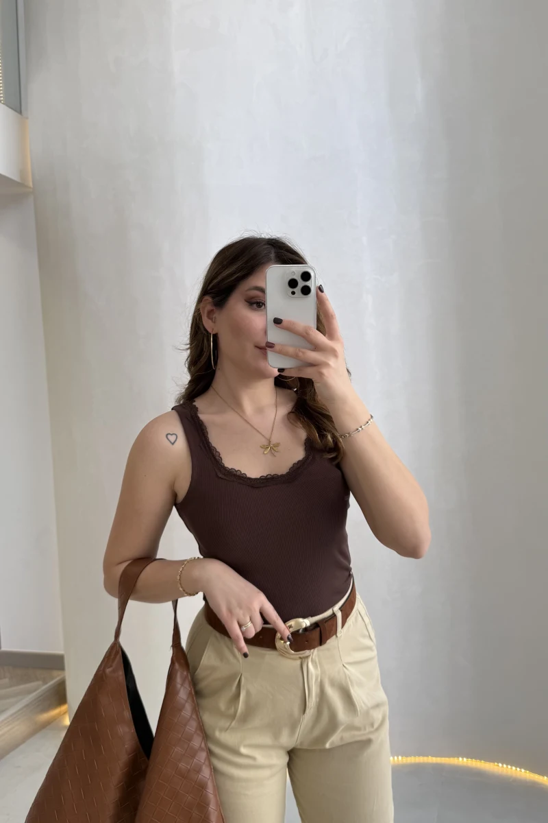 Fitilli Dantel Detay Kalın Askılı Body - Kahverengi