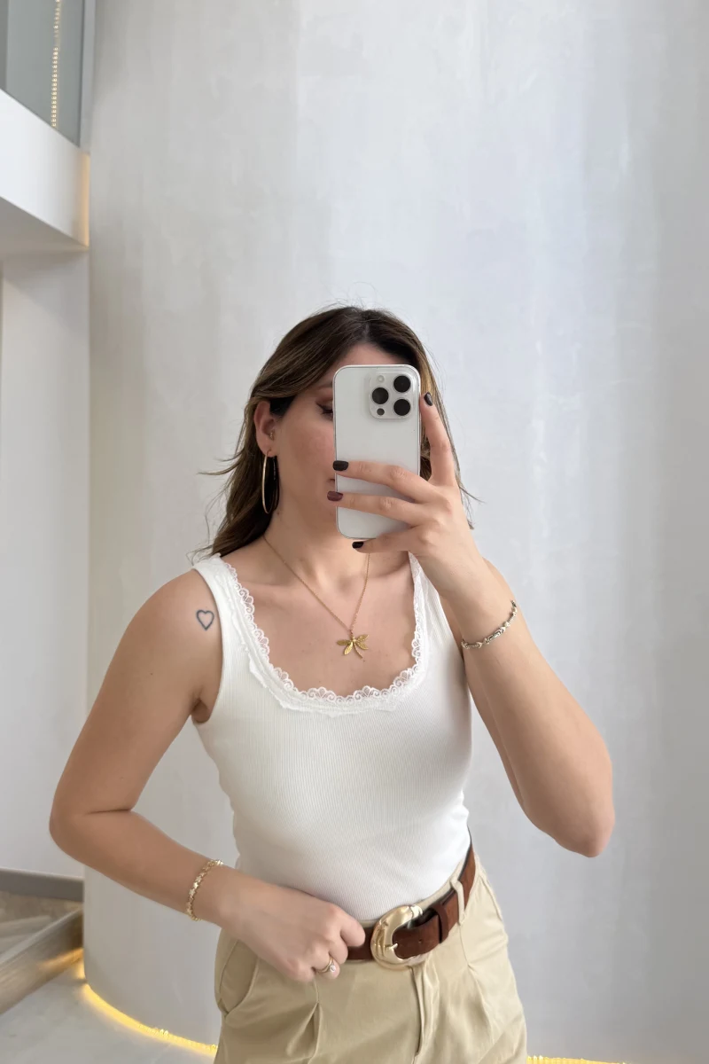 Fitilli Dantel Detay Kalın Askılı Body - Ekru