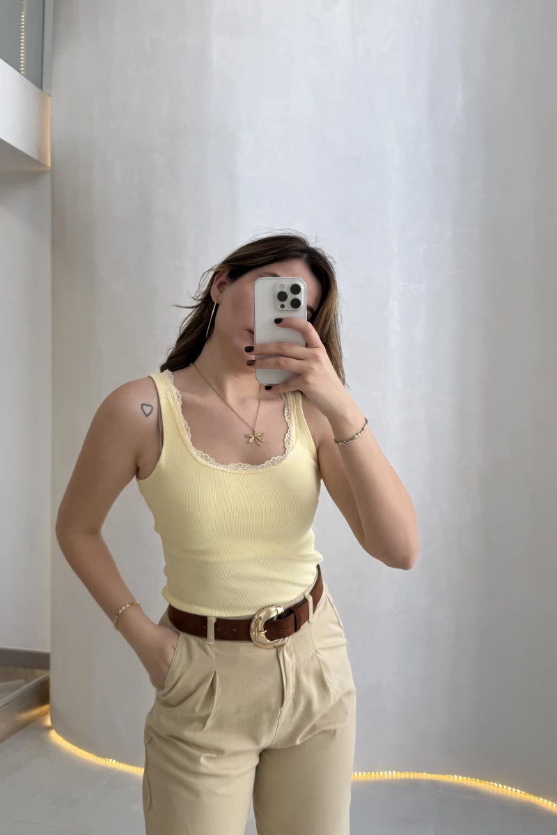Fitilli Dantel Detay Kalın Askılı Body - Sarı
