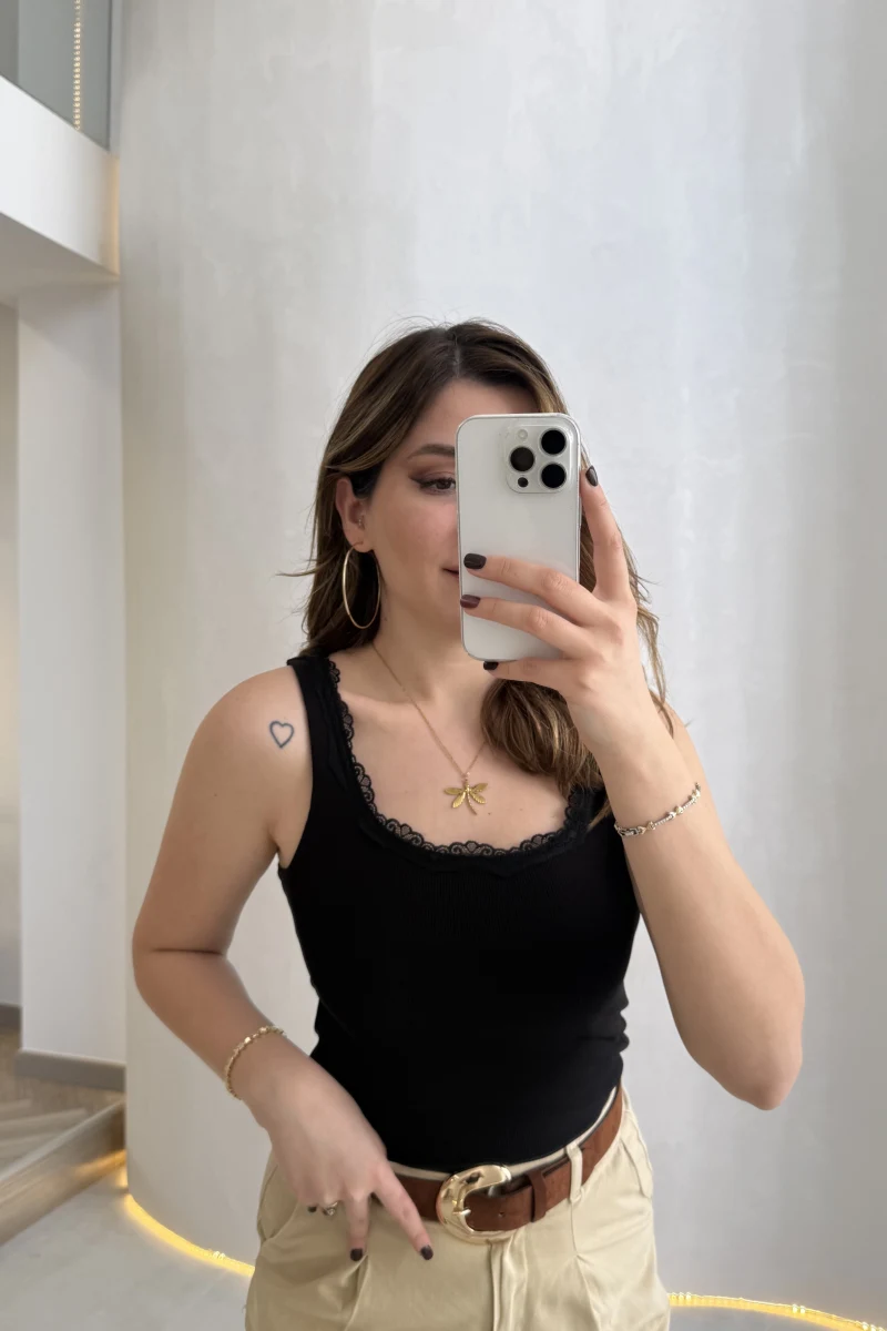 Fitilli Dantel Detay Kalın Askılı Body - Siyah