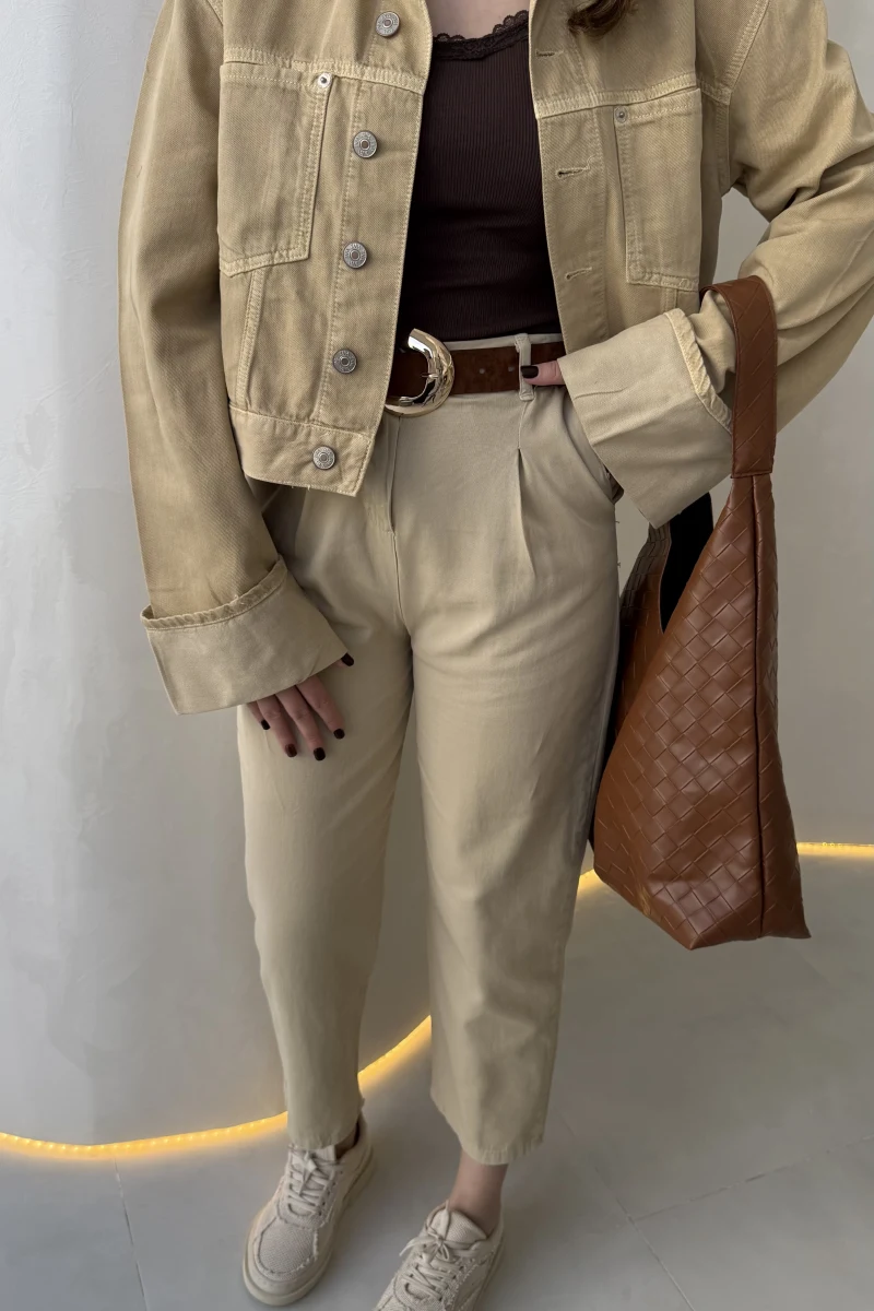 Cepli Gabardin Pantolon - Taş - Kod: 7847