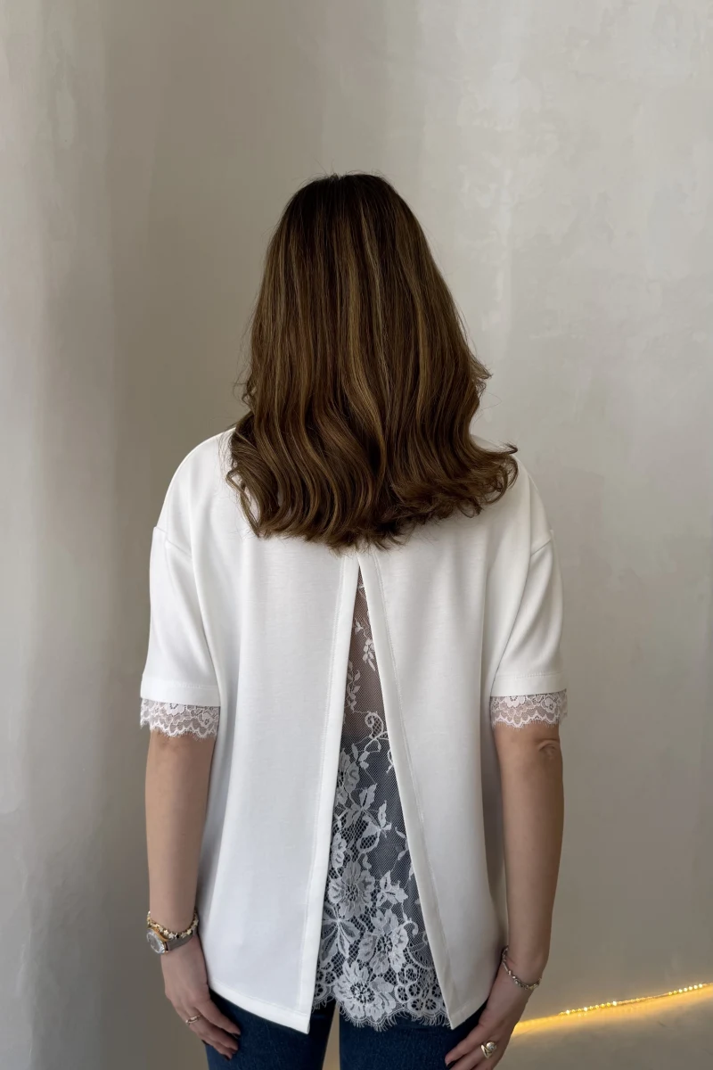 Sırt Dantel Detaylı Kısa Kol T-shirt - Ekru