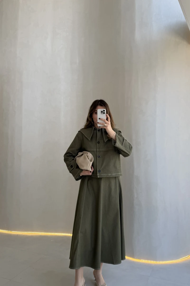 Serenity Pelerinli Denim Etek-Ceket Takım - Haki - Kod:: 586