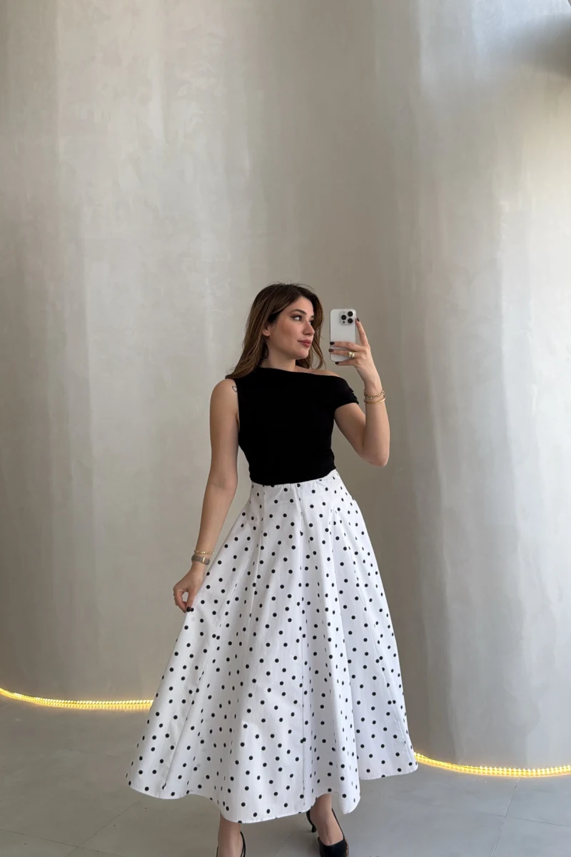 Puantiyeli Astarlı Kloş Etek - Beyaz