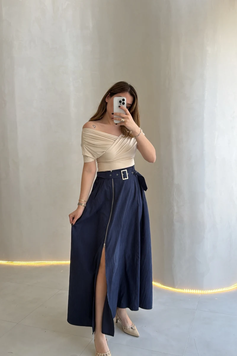 Paraşüt Kumaş Fermuar Yırtmaçlı Kemerli Etek - Lacivert