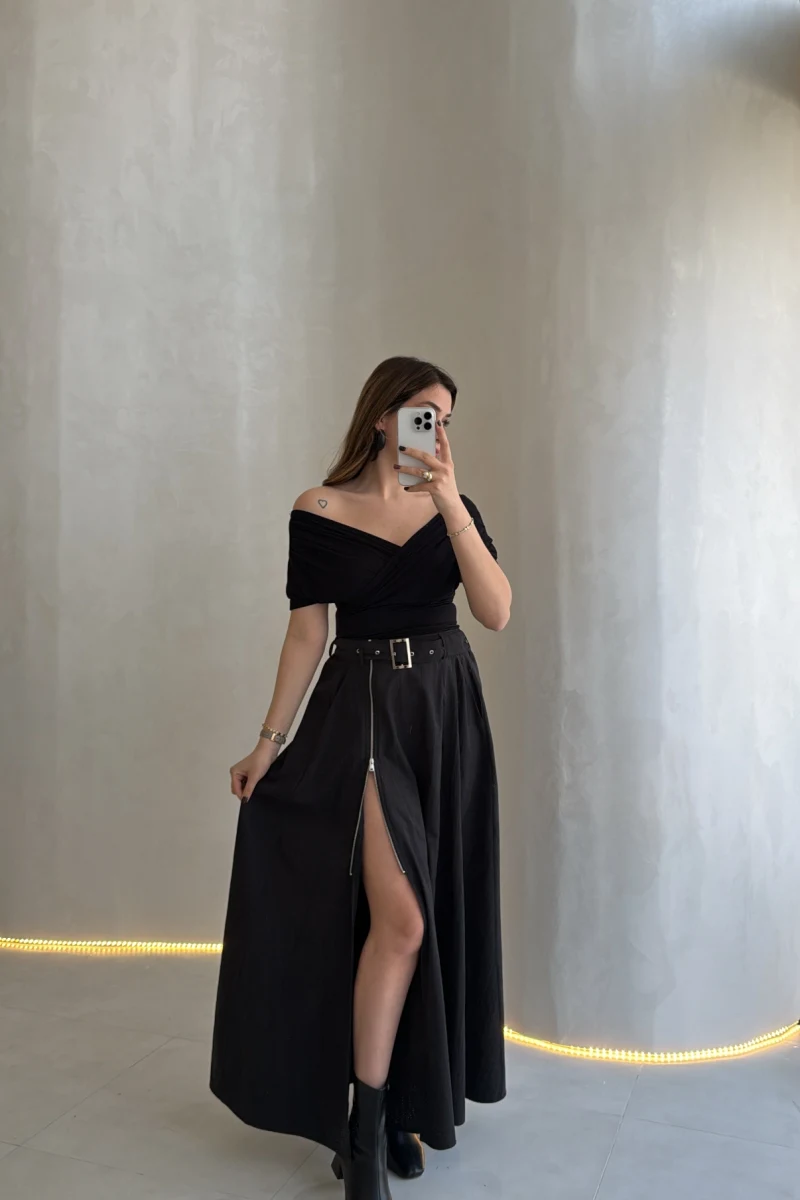 Paraşüt Kumaş Fermuar Yırtmaçlı Kemerli Etek - Siyah